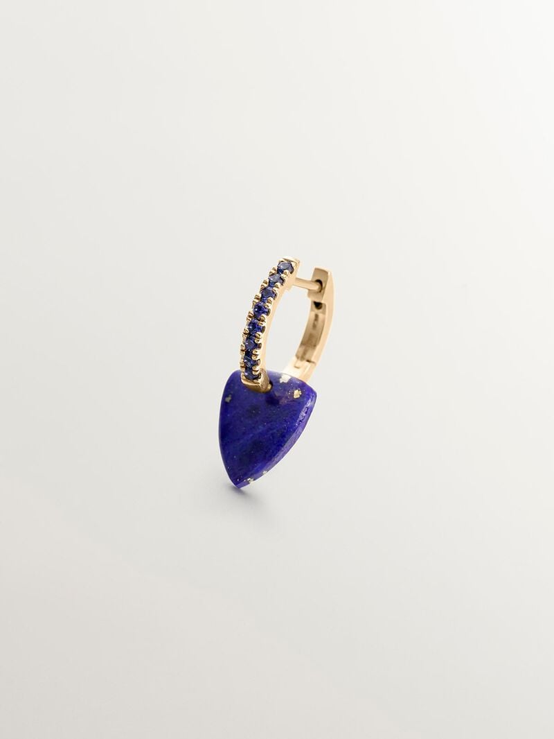 9K yellow gold single hoop earring with blue sapphires and blue lapis lazuli pendant image number 4