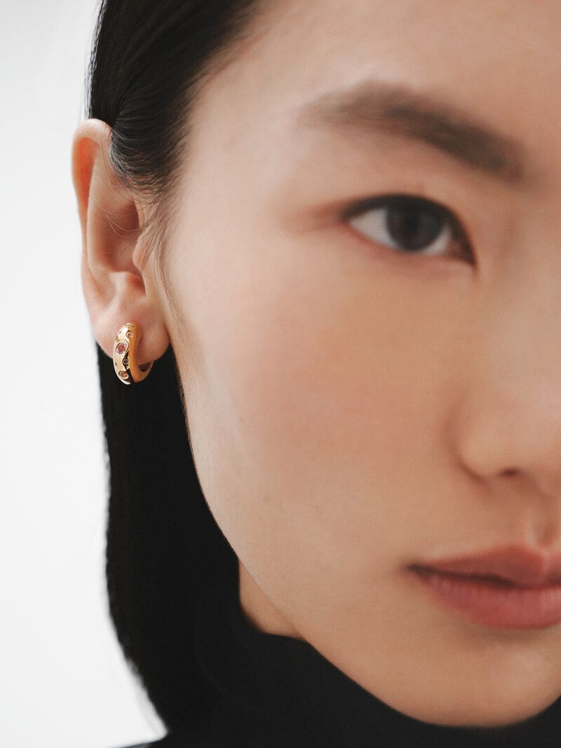 18K yellow gold plated 925 silver thick hoop earrings with white topaz, pink and purple amethysts and pink rhodolites image number 0