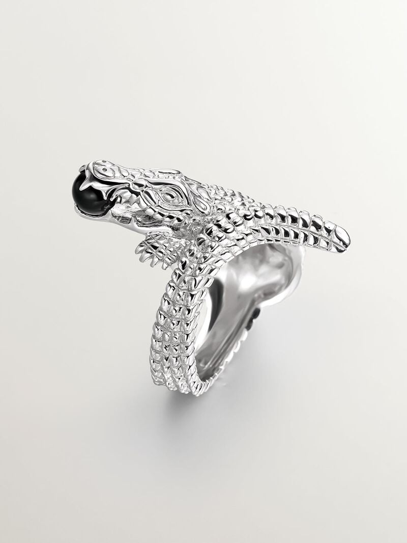 925 silver ring shaped like crocodile and black ónix image number 5