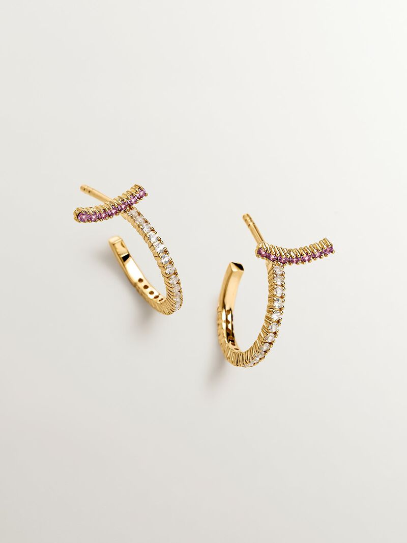 Small hoop earrings made of 925 silver, coated in 18K yellow gold with white topaz and pink rhodolites. image number 2