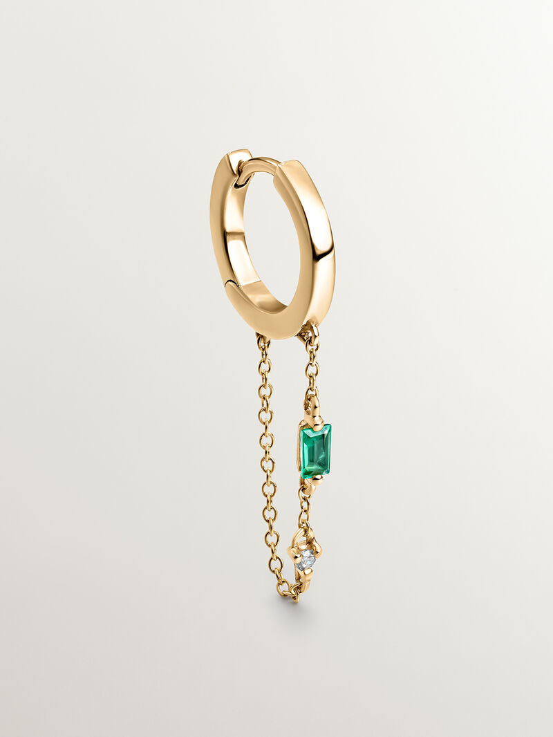 Single 9K yellow gold hoop earring with chain, emerald and diamond. image number 0