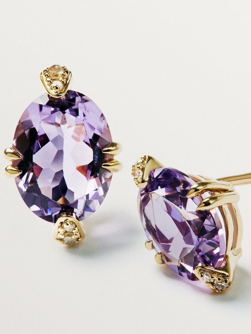9K Yellow Gold Stud Earrings with Pink Amethysts and Diamonds image number 6