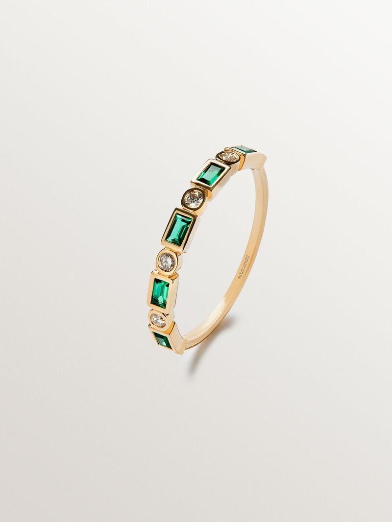 9K yellow gold ring with green emeralds and diamonds image number 1