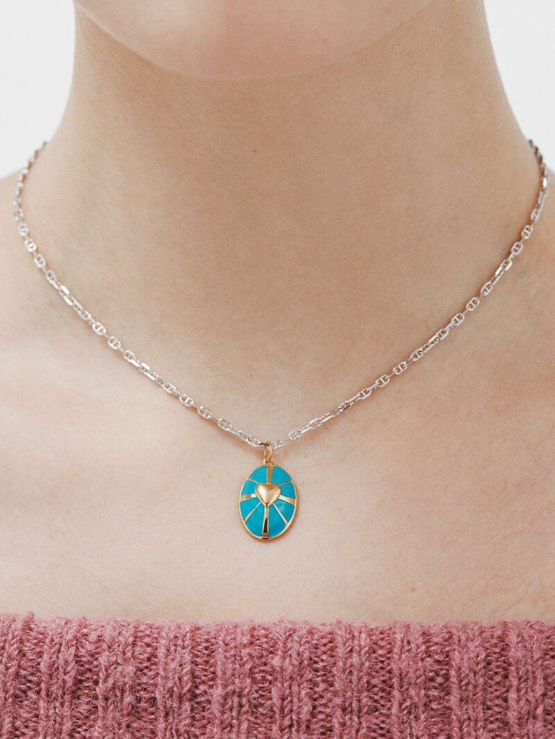 925 silver charm bathed in a yellow gold of 18K medal with a heart and turquoise enamel image number 1
