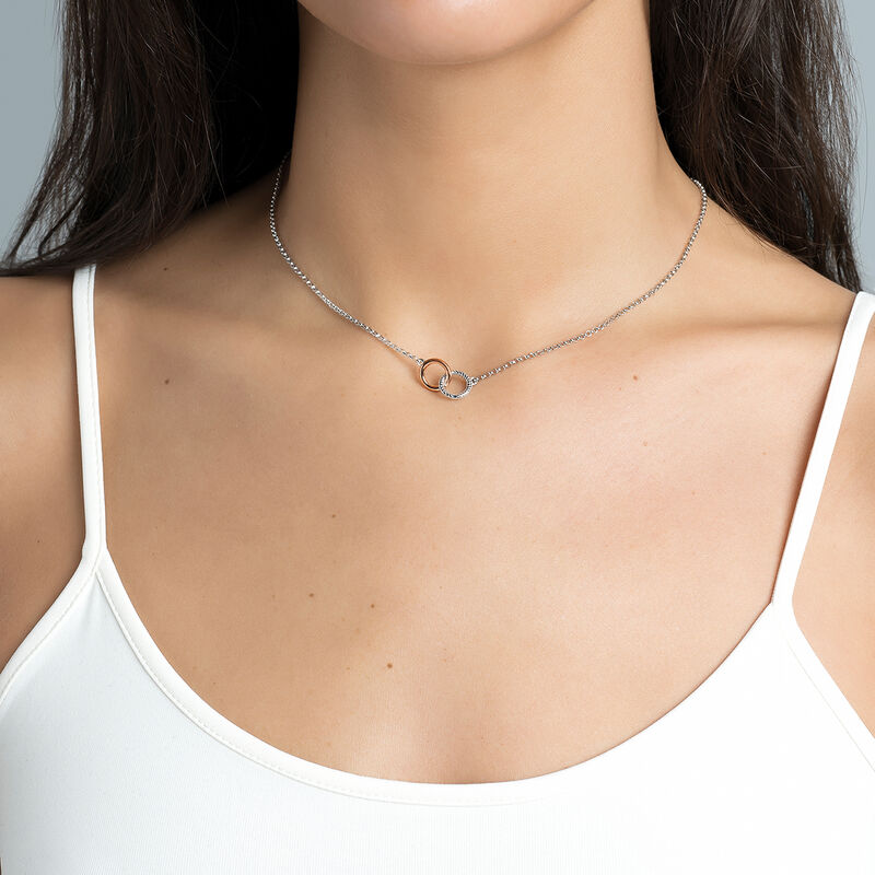 Bicolour silver double circle necklace , J02079-05, hi-res