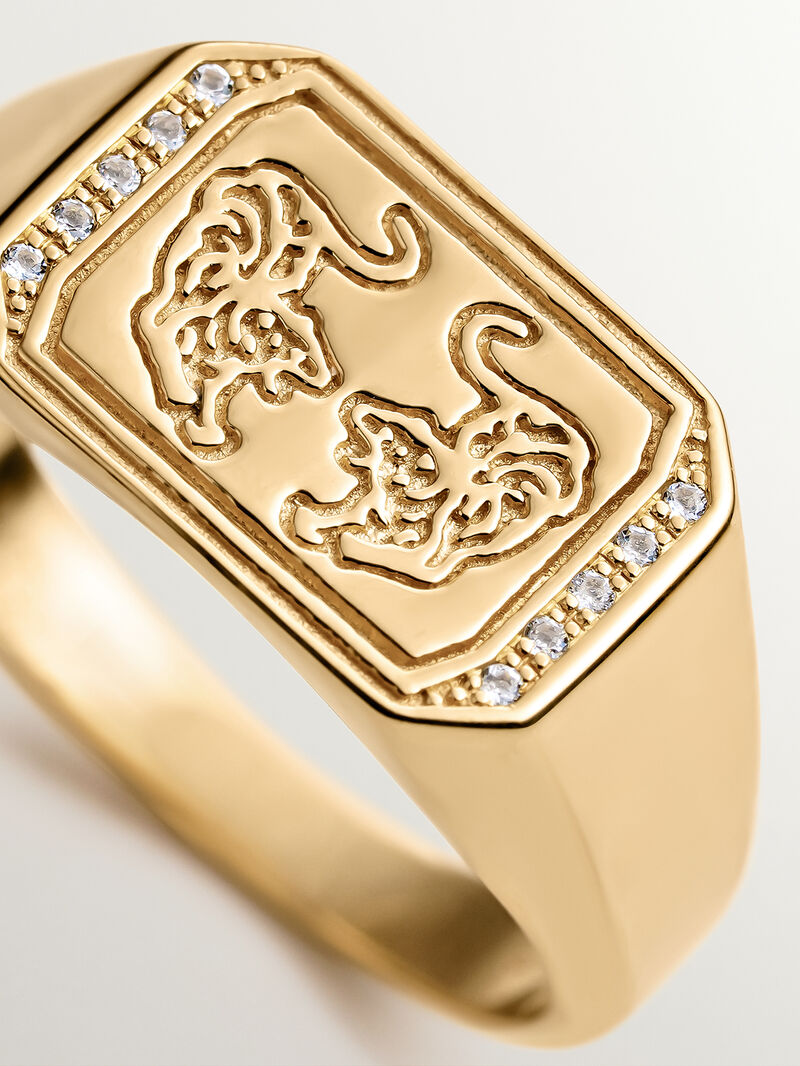 931 Silver signet ring bathed in 18K yellow gold with tigers and topazes. image number 2