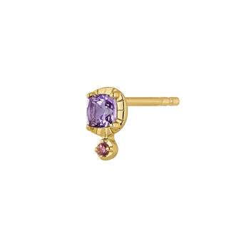 Boucle d’oreilles individuelle en argent plaqué en or jaune de 18 K avec une améthyste violette et un rhodolite rose, J04655-02-RO-LAM-H, mainproduct