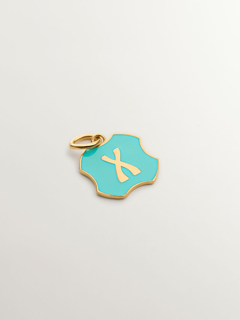 Charm in 925 sterling silver plated in 18K yellow gold with initial X and turquoise enamel with irregular shape image number 0
