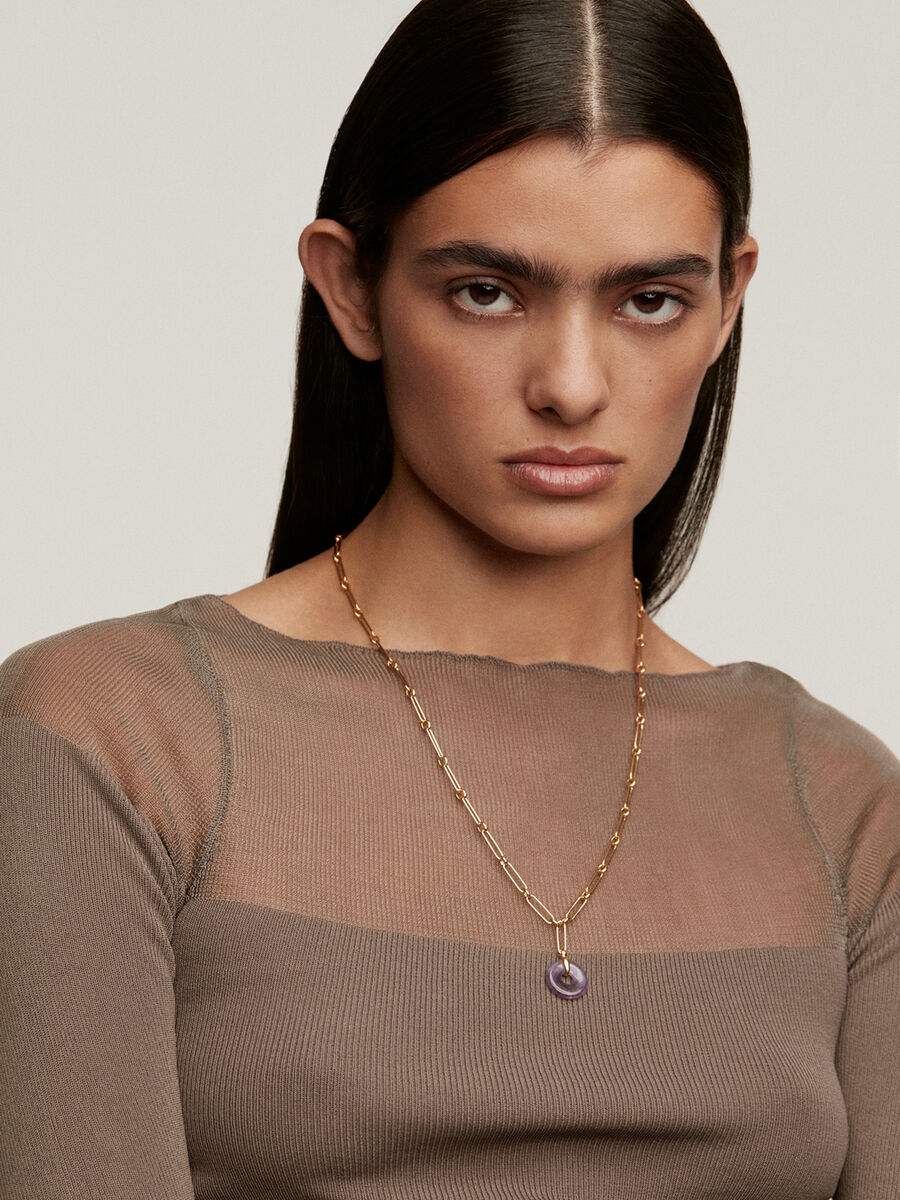 Gold plated silver amethyst motif necklace , J04757-02-AM, hi-res