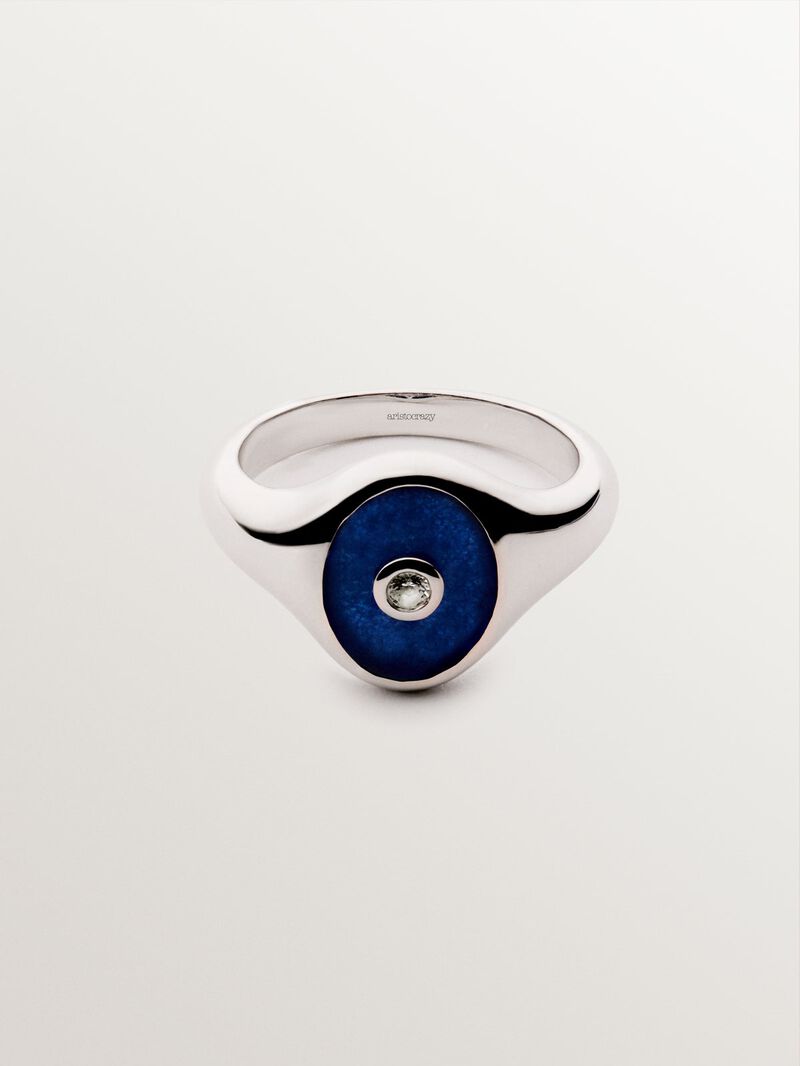 Signet style ring in rhodium-plated 925 silver with blue jade and brilliant-cut white quartz. image number 2