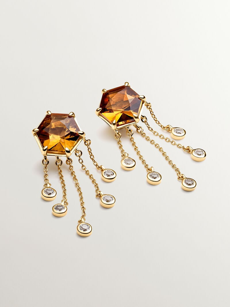 Long earrings made of 925 silver, plated with 18K yellow gold and adorned with brown quartz and white topaz. image number 2