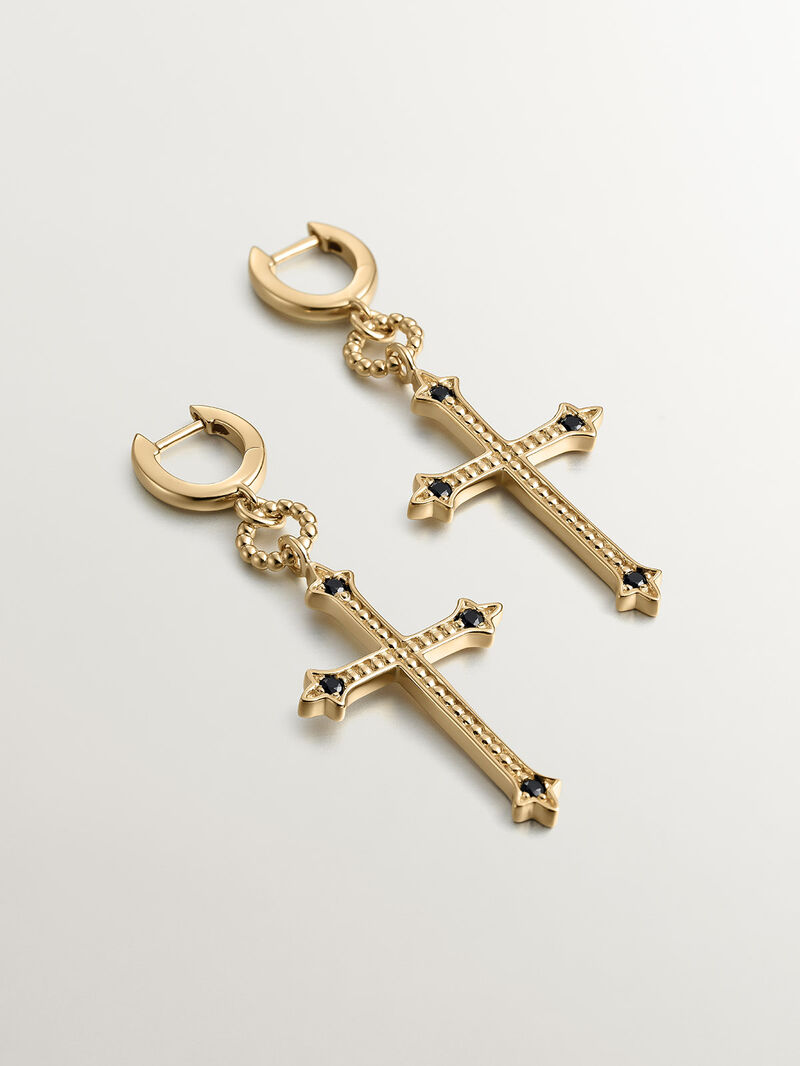 925 Silver hoop earrings bathed in 18K yellow gold with cross and black spinels image number 0