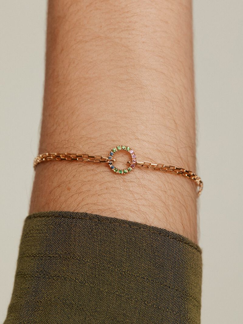 925 Silver Forza link bracelet bathed in 18K yellow gold with a multicolor stone ring image number 1