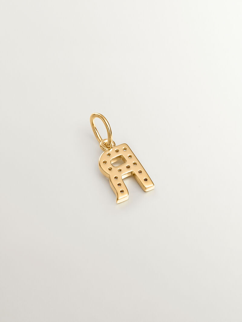 925 Silver charm bathed in 18K yellow gold with white topazes initial R image number 1