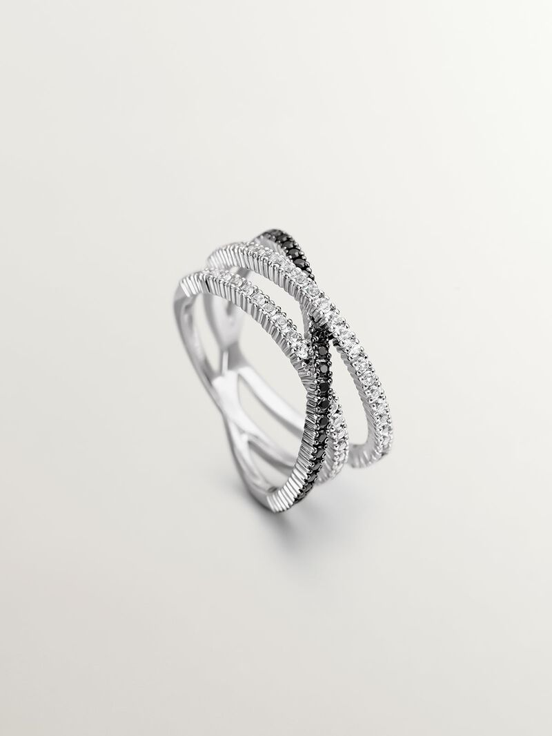 Triple crossed ring made of 925 silver plated in 18K yellow gold with white topazes and black spinels. image number 4