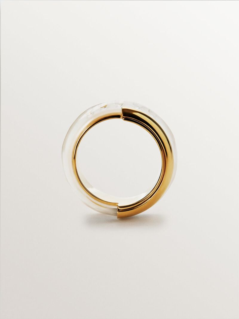 18K yellow gold plated 925 silver ring with white enamel and zircons suspended in resin image number 6