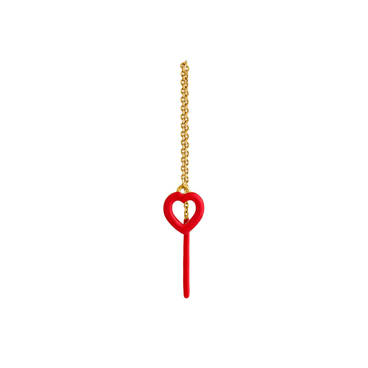 Long single chain earring in yellow gold-plated silver with a heart and red enamel, J05160-02-ROJENA-H, hi-res