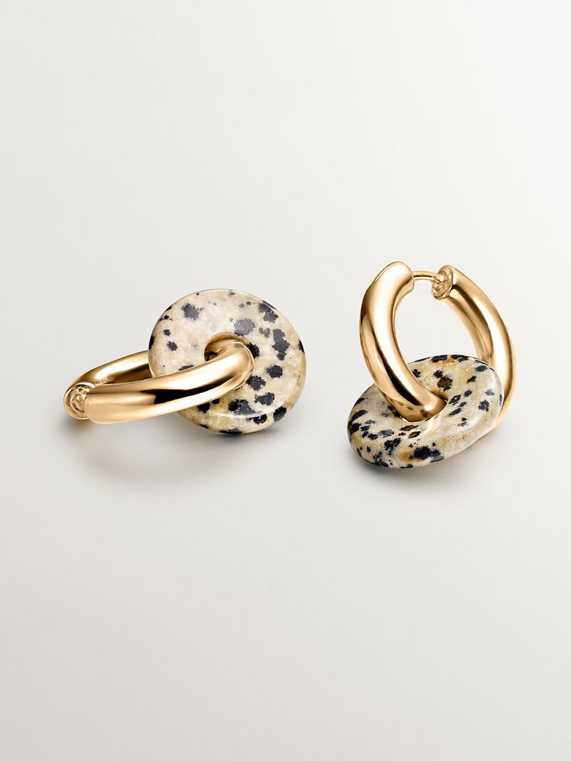925 sterling silver medium hoop earrings with 18K yellow gold plating featuring dalmatian jasper. image number 4
