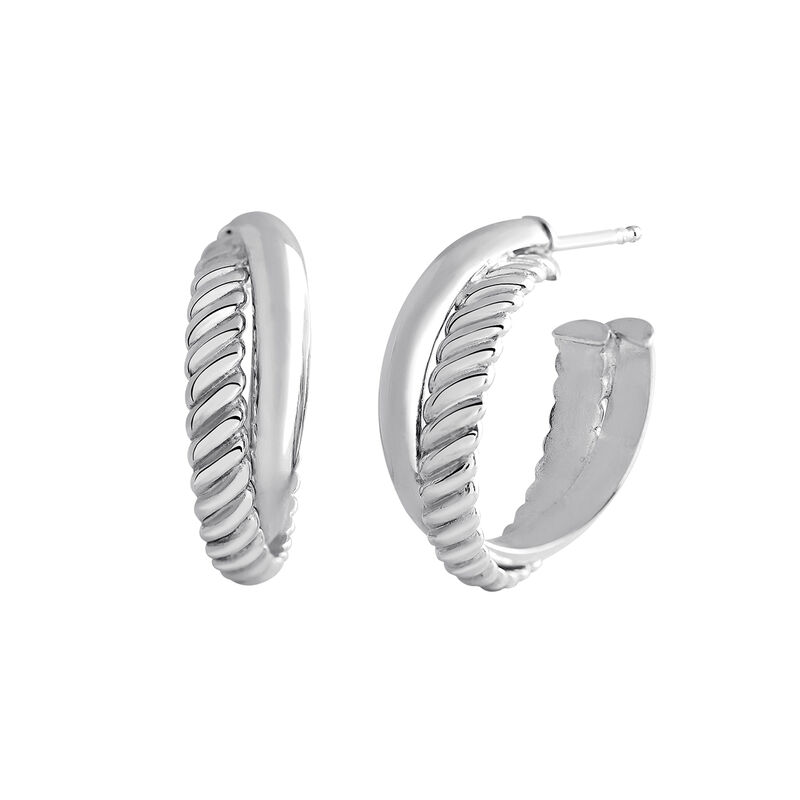 Silver smooth and cabled hoop earrings , J03095-01, hi-res