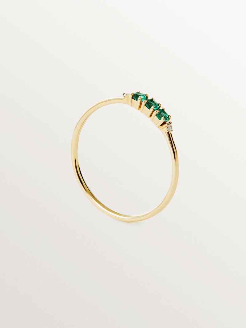 9K yellow gold ring with emeralds and diamonds image number 2