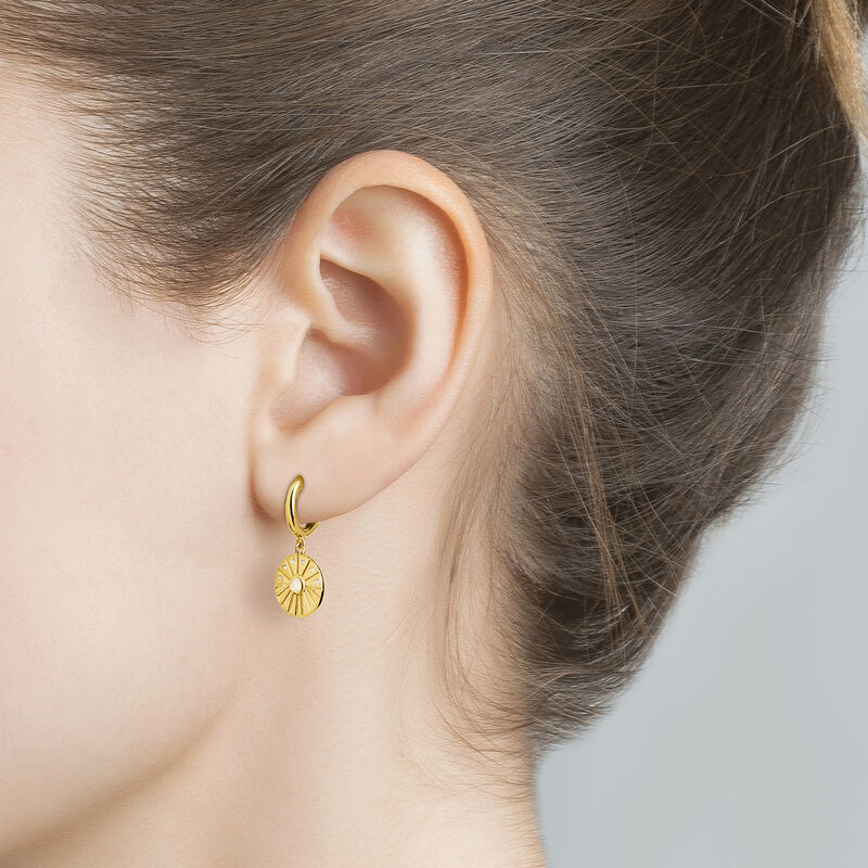 Gold plated circular pendant hoop earrings, J04129-02-WT-WMS, hi-res