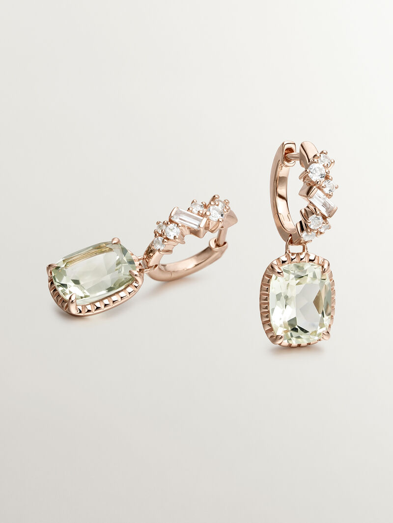 925 Silver hoop earrings bathed in 18K rose gold with green quartz and Swiss blue topaz. image number 2