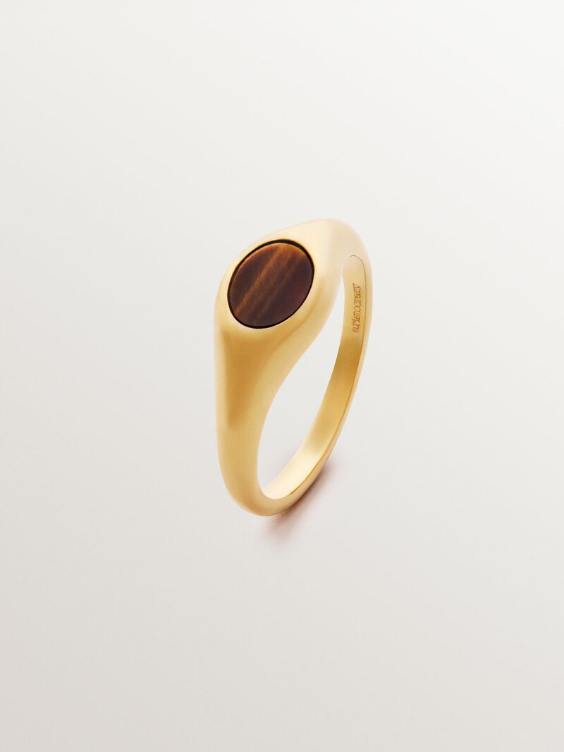 18K yellow gold plated 925 silver signet style ring with central tiger's eye. image number 0