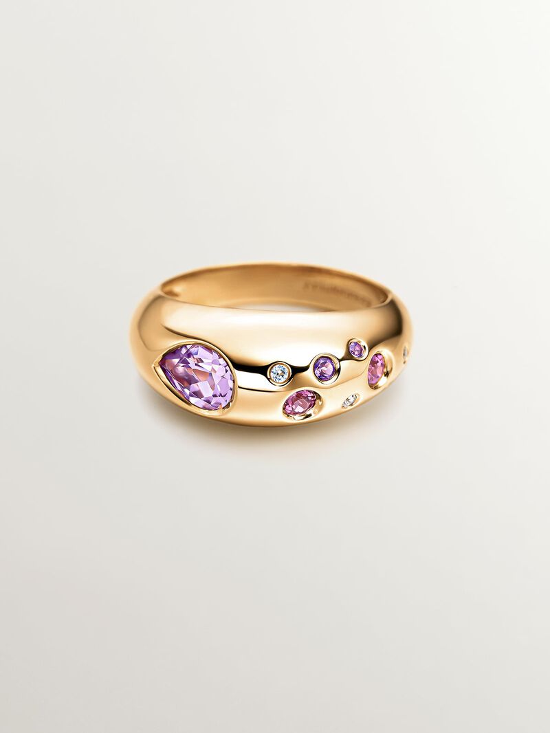 18K yellow gold plated 925 silver ring with pink and purple amethysts, white topaz and pink rhodolites image number 2