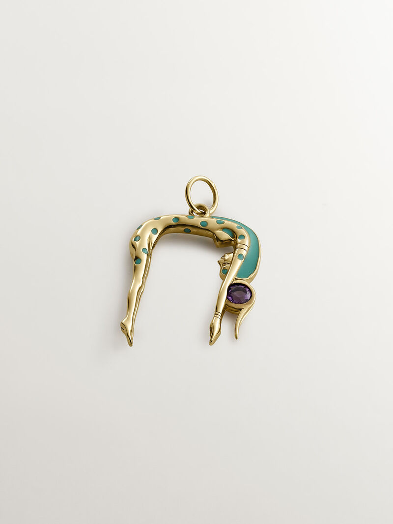 925 Silver charm bathed in 18K yellow gold in the shape of the Nut goddess, purple amethyst and enamel. image number 0