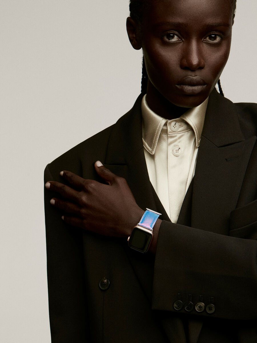 Iridescent blue leather Apple Watch band, IWSTRAP-PUIR, hi-res
