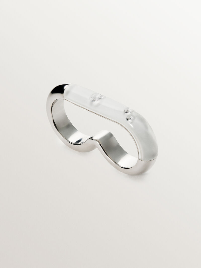 Double 925 silver ring with white enamel and zircons suspended in resin image number 0