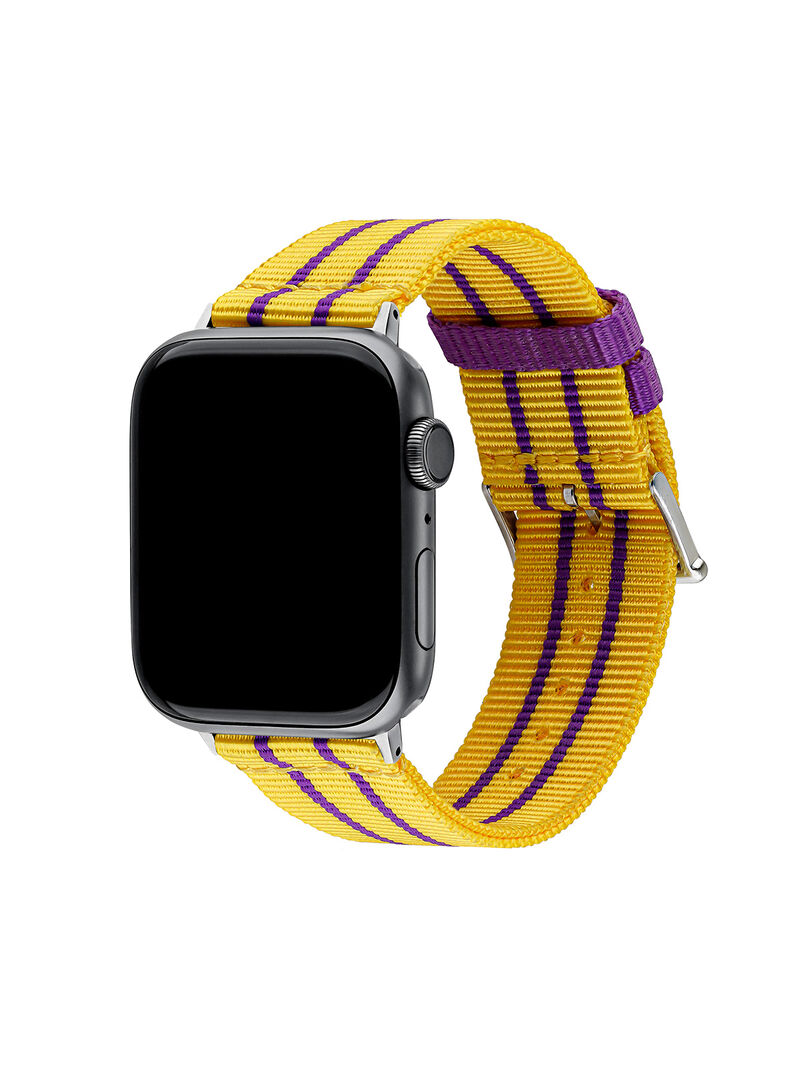 Nylon strap for Apple Watch with yellow and purple stripes. image number 3