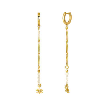 Gold plated hoop earrings with motifs and pearl , J04468-02-WP,hi-res