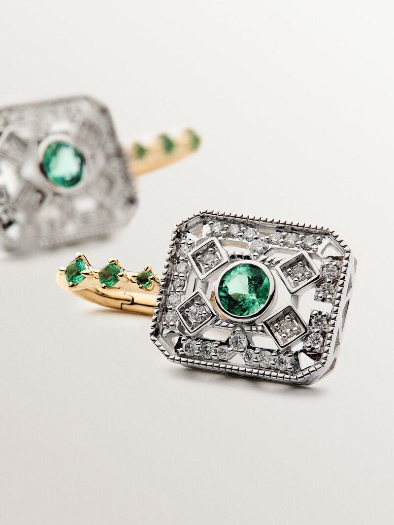18K white and yellow gold earrings with brilliant-cut diamonds and brilliant-cut emeralds image number 6