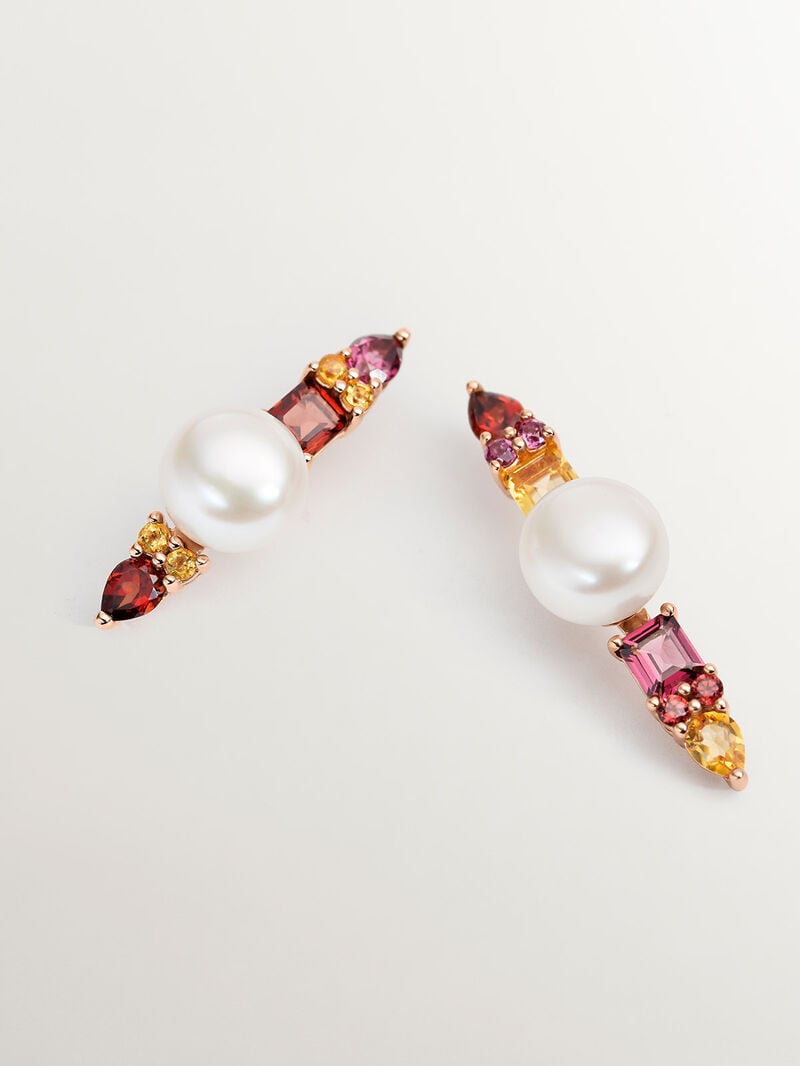925 Silver earrings bathed in 18K rose gold with pearls, purple rodolites, garnets and citrine quartz. image number 4