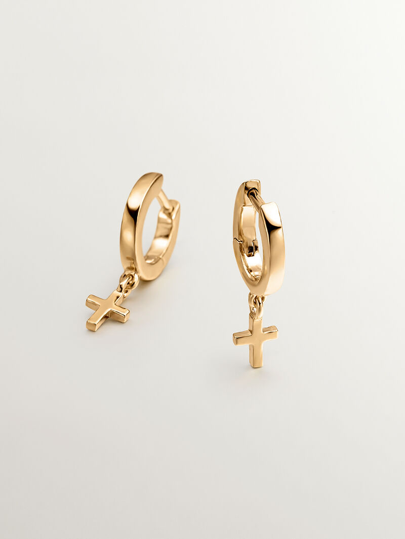 Small hoop earrings made of 925 silver, bathed in 18K yellow gold, with a cross. image number 0