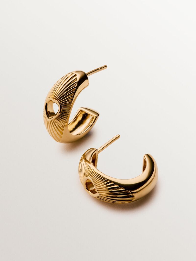 18K yellow gold plated 925 silver hoop earrings with heart and guilloché texture image number 4
