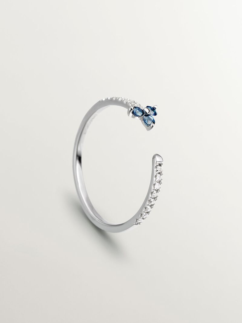 9K White Gold Ring with Diamonds and Blue Sapphire Clover image number 4