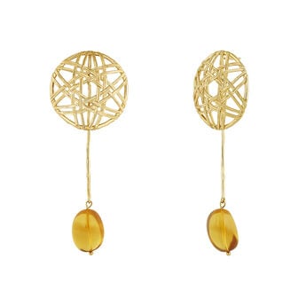 Gold plated silver amber wicker long earrings , J04418-02-AMB,hi-res