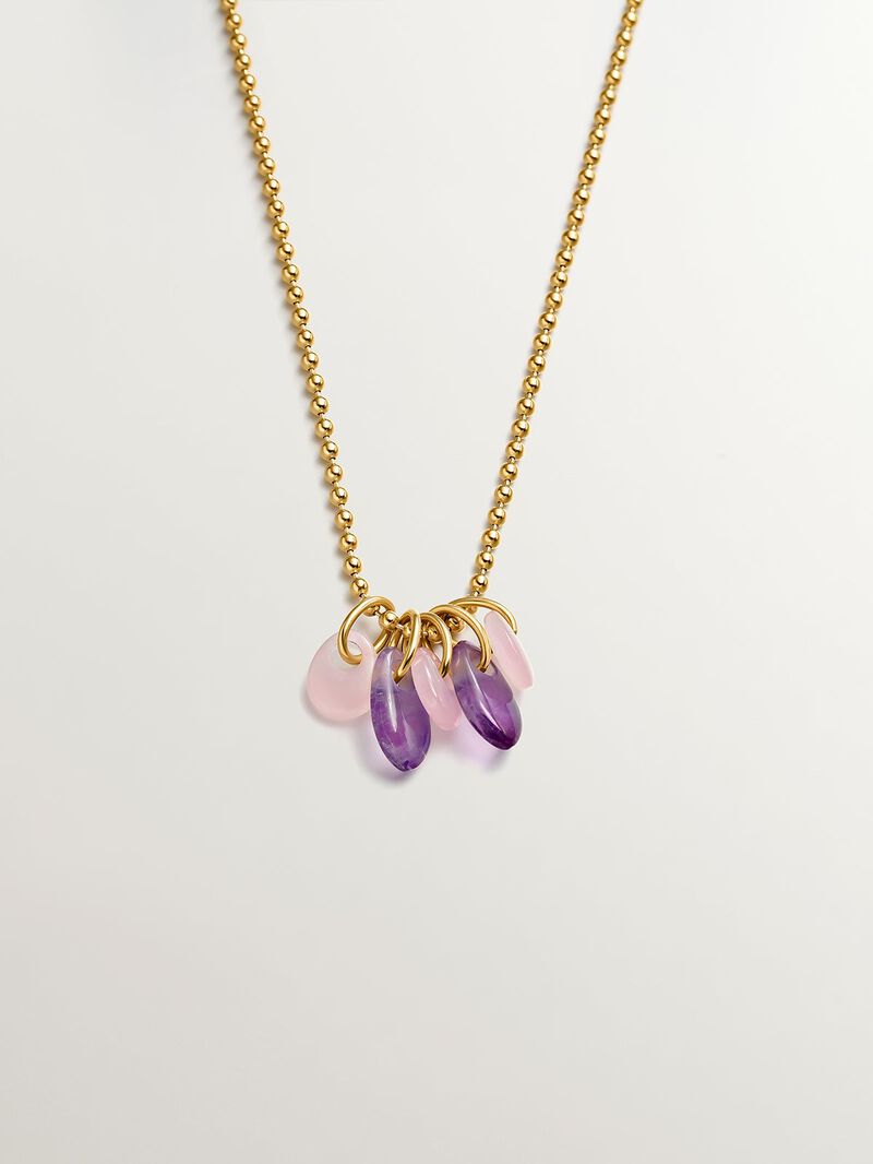 925 silver necklace bathed in 18k yellow gold with purple amethyst and pink agate image number 0