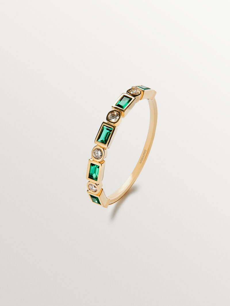 9K yellow gold ring with green emeralds and diamonds image number 1