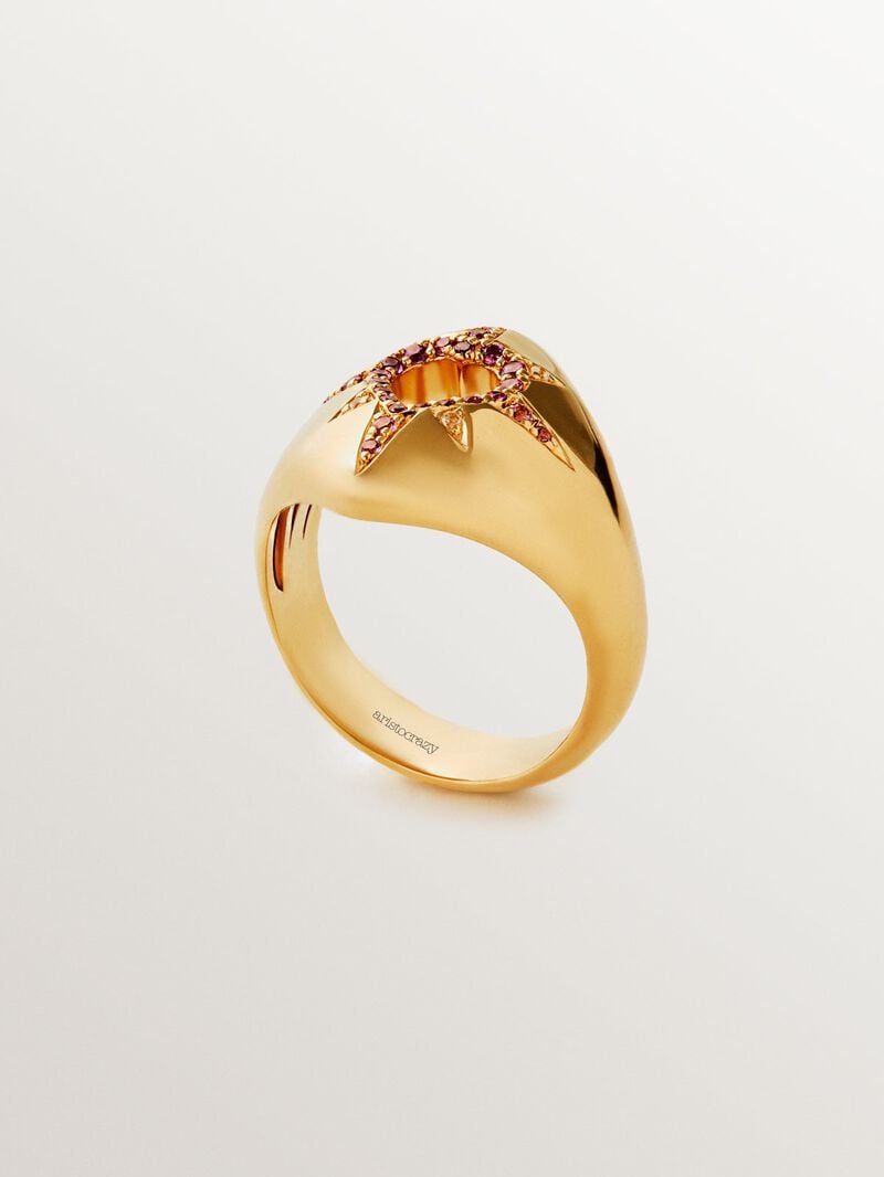 18K yellow gold plated 925 silver ring with purple rhodolites, white topaz and heart shape image number 6
