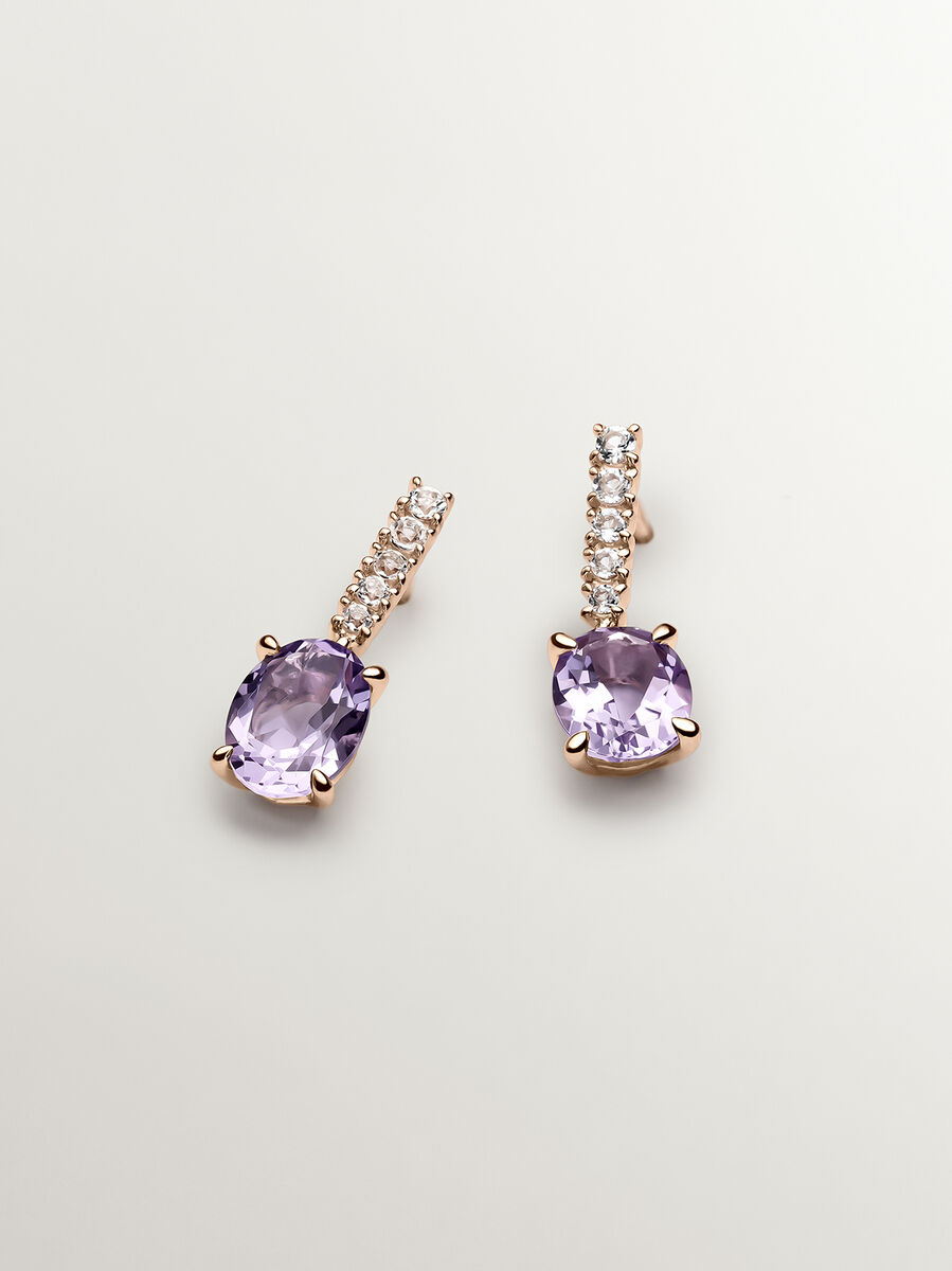 Pendientes de plata bañada en oro rosa de 18kt con piedras amatista rosa colgante y topacios blancos, J03752-03-PAM-WT, hi-res