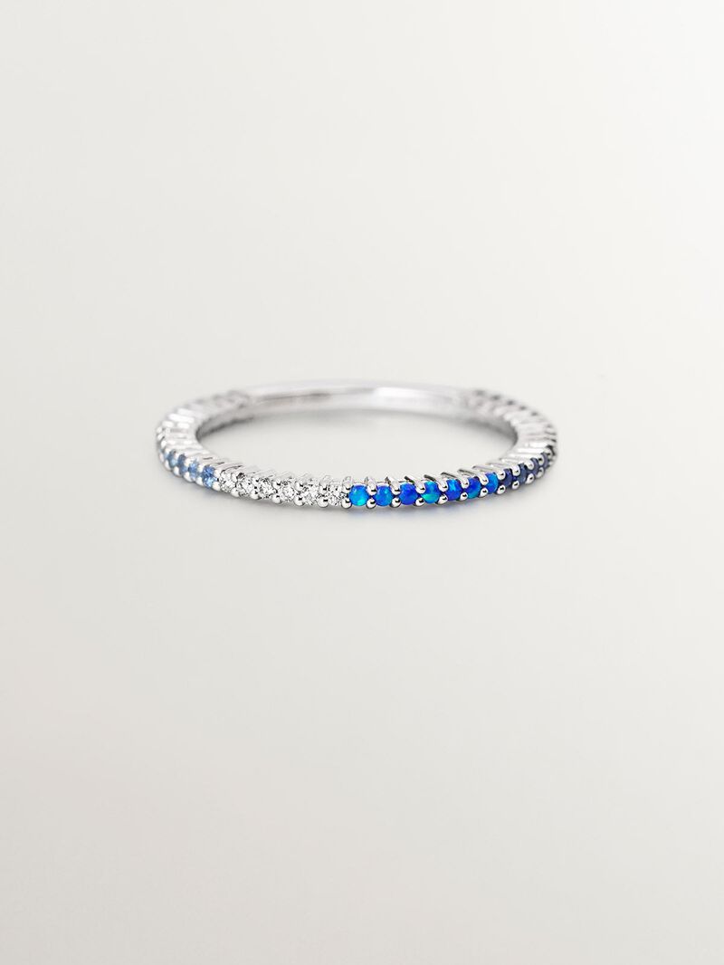 18K white gold ring with lab-grown blue opals, white diamonds, and blue sapphires. image number 2