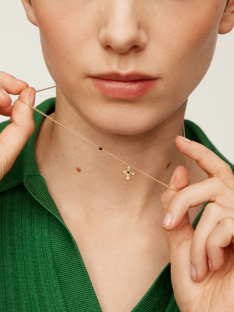 925 Silver pendant dipped in 18K yellow gold with small cross and spinels. image number 1