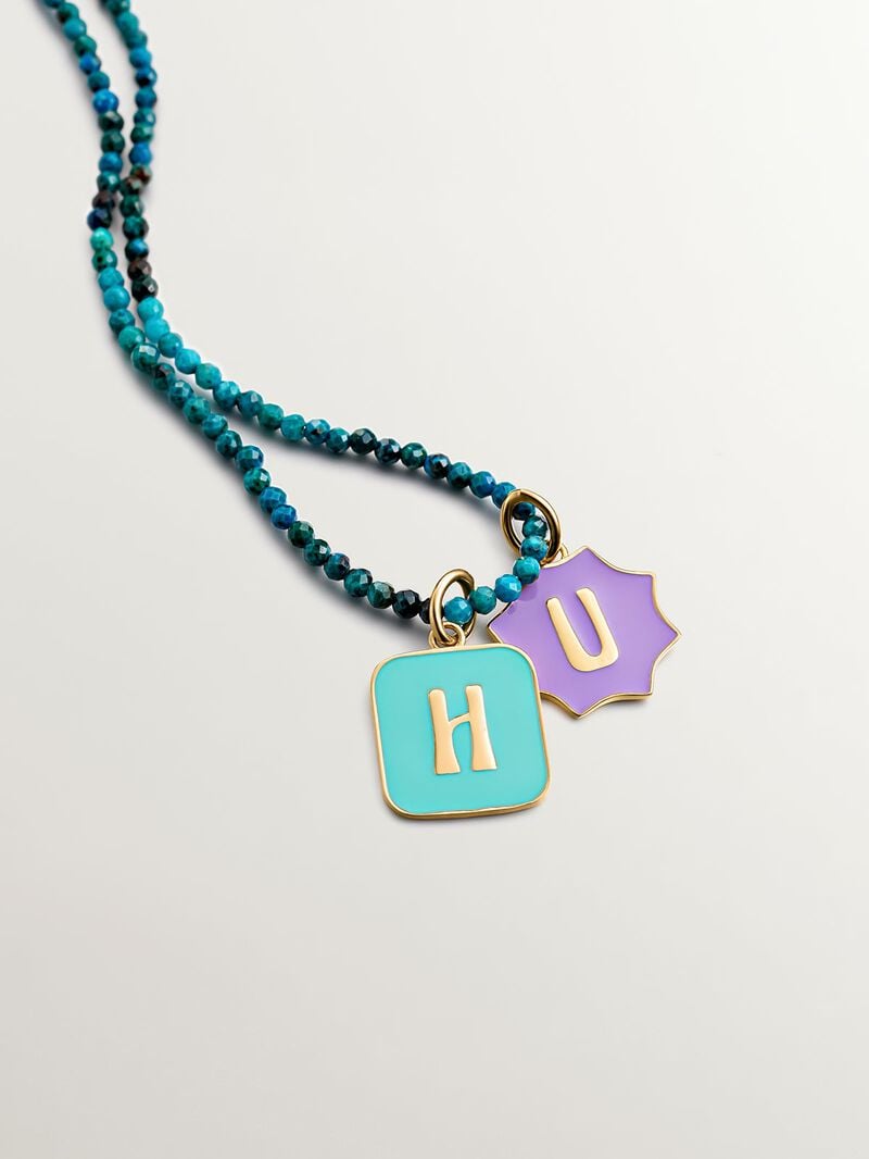 18K yellow gold plated 925 sterling silver charm with H initial and turquoise enamel in a square shape image number 2