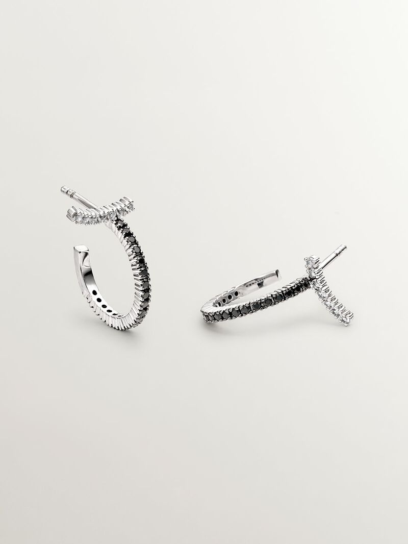 925 Silver hoop earrings with white topazes and black spinels. image number 0