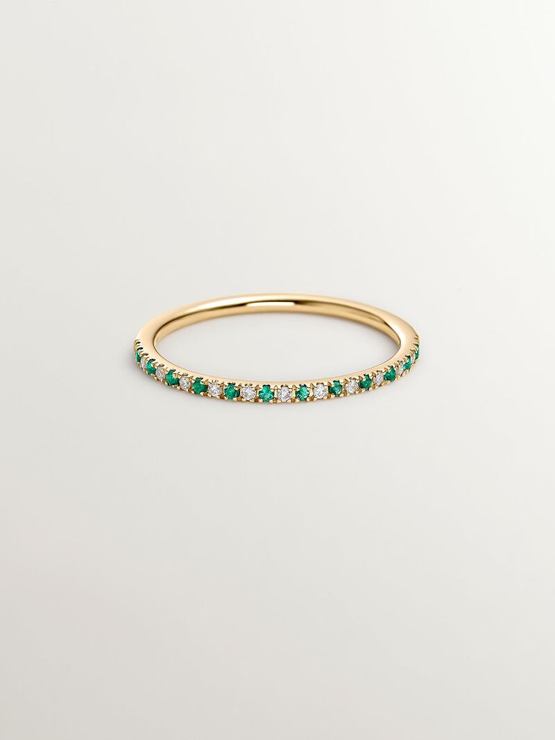 9K Yellow Gold Ring with Emeralds and Diamonds image number 2