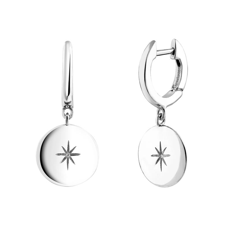 Silver star round motif hoop earrings, J04606-01, hi-res
