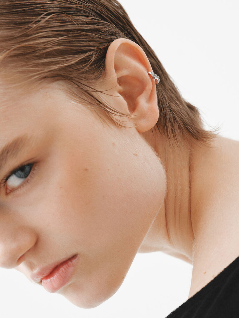 Individual small hoop earring made of 925 silver with white topazes image number 1